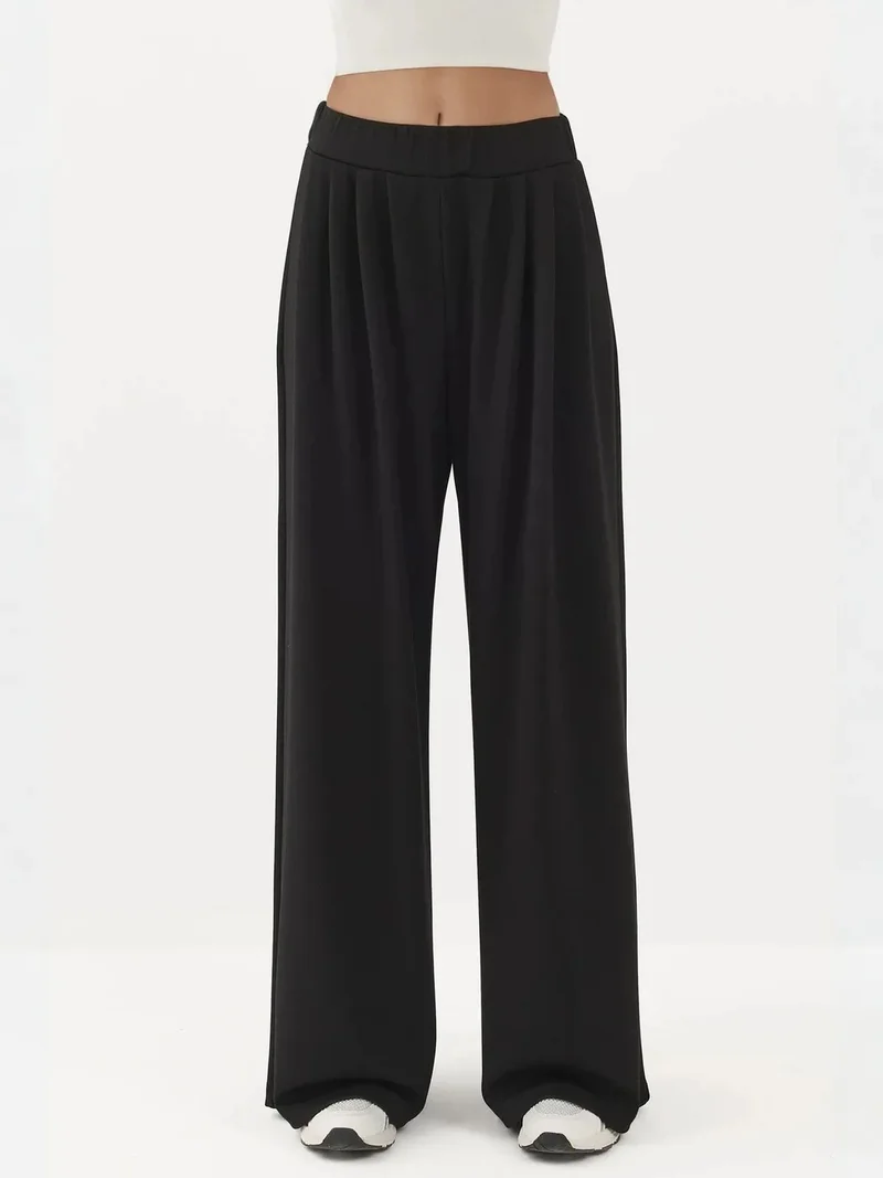 Hiccup Black Soft Touch Pleated Wide Leg Pants for Women | Best Price UAE